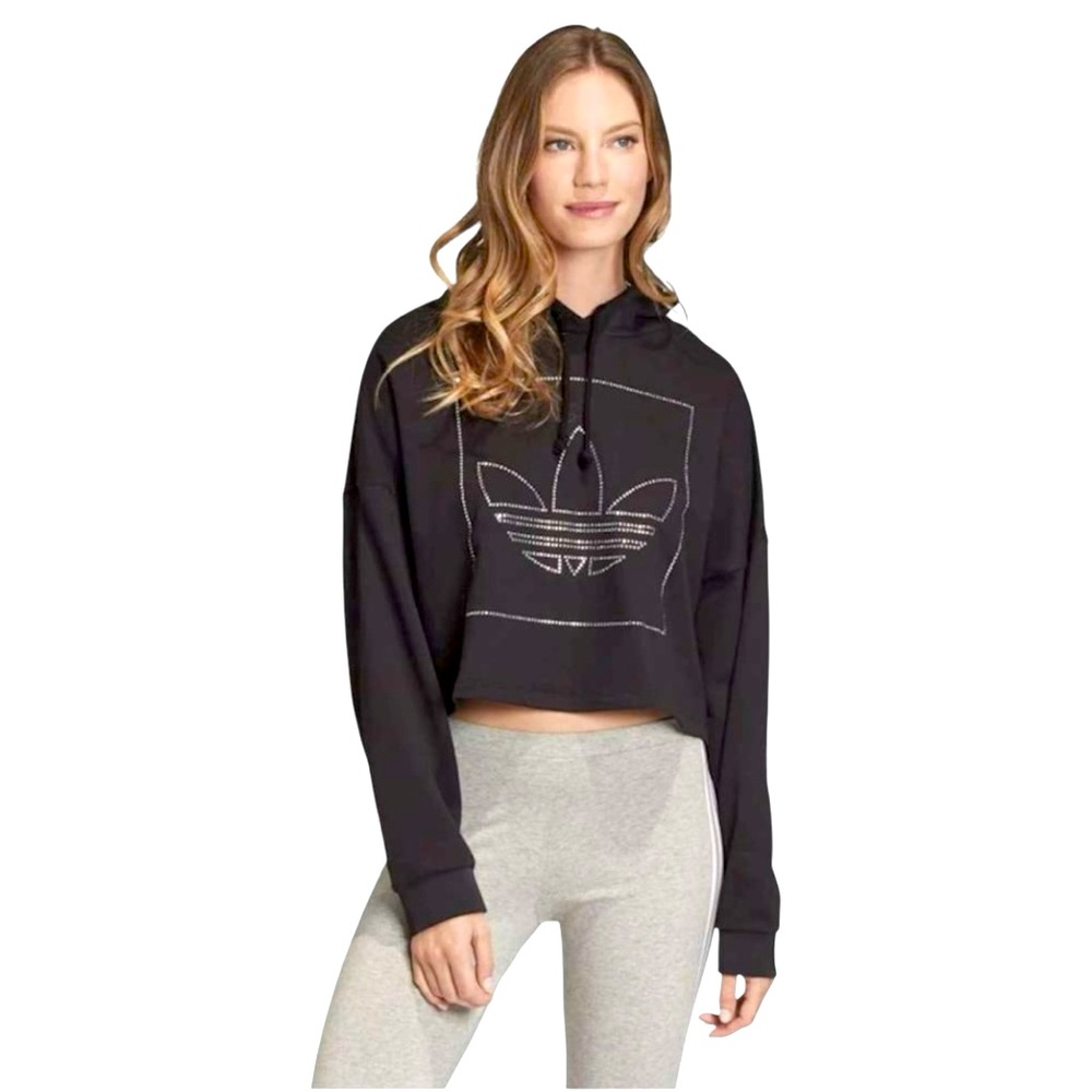ADIDAS NWT Black Cropped Rhinestone logo Sweatshirt Hoodie Size Medium - Picture 2 of 4
